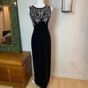 Evening Dress with Floral Applique Cording, Black 10